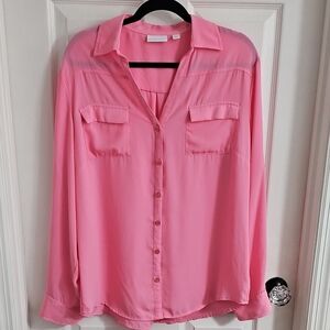 New York & Company Pink Button-Front Blouse with Chest Pockets